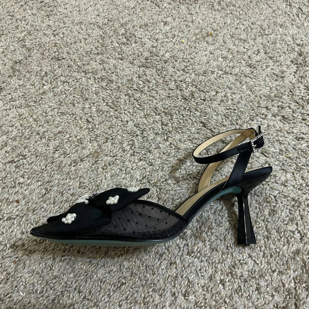 Betsey Johnson Mark Bow Stiletto Heel Pumps Mesh Rhinestone Ankle Strap Size 9.5